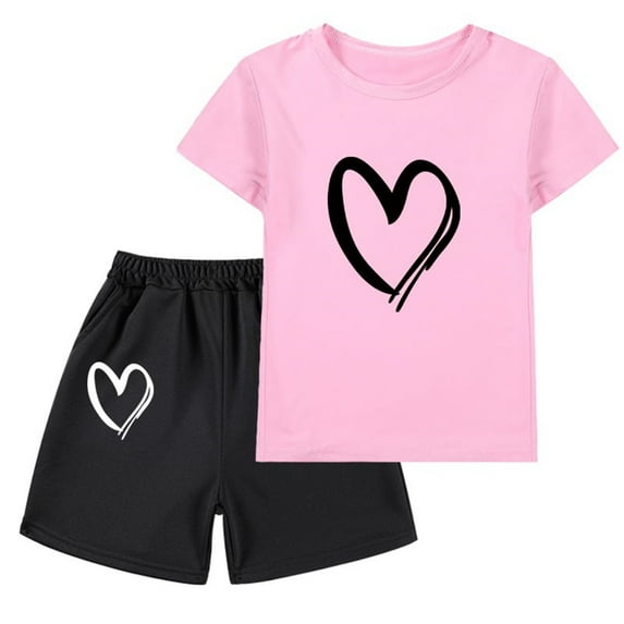 Atogsazn Children's Girls Summer 2 Piece Clothes Set Kids Cotton Short Sleeve Tshirt Shorts Outfit Fashion 05-Pink 7-8 Years on Clearance