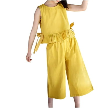 Atogsazn Children's Girls Summer Sets Kids Casual Sleeveless Tank Tops Flare Hems and Wide Leg Capris Set Outfits Yellow 12-14 Years on Clearance
