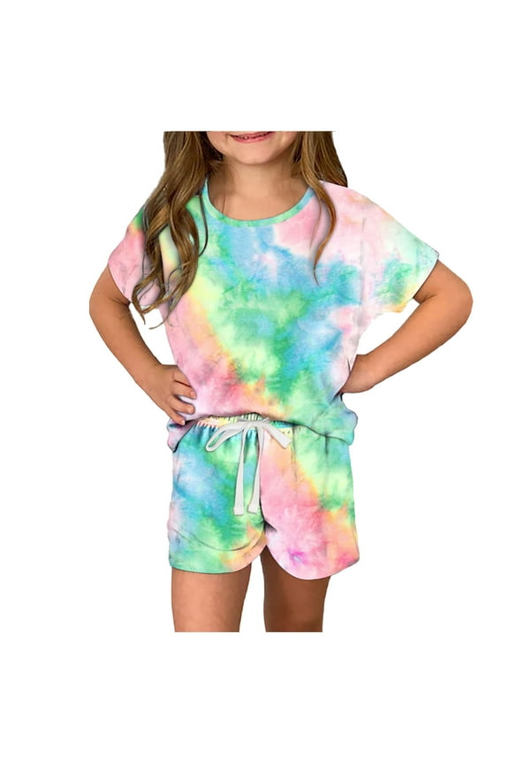 Children's Girls Summer Sets Kids Print Short Sleeve T Shirt and Drawstring Shorts Set Girl's Casual Colthes Outfit Pink 7-8 Years