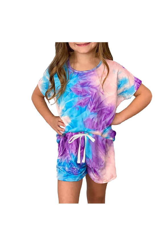 Children's Girls Summer Sets Kids Print Short Sleeve T Shirt and Drawstring Shorts Set Girl's Casual Colthes Outfit Purple Fashion