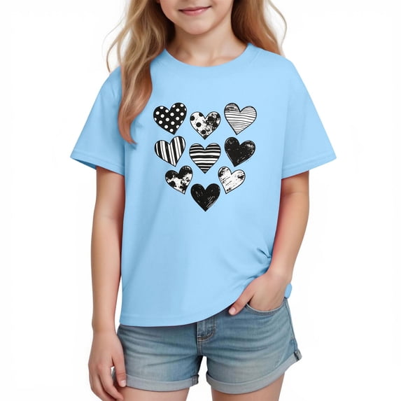 Atogsazn Children's Girls Summer Tshirt Kids Casual Hearts Short Sleeve Pullover T-shirt Outfit Classic Basic Tops 05-Blue 7-8 Years Fashion