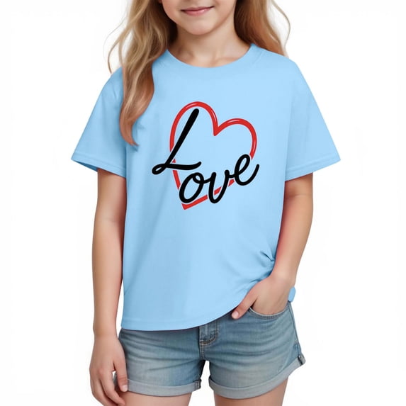 Atogsazn Children's Girls Summer Tshirt Kids Casual Hearts Short Sleeve Pullover T-shirt Outfit Classic Basic Tops 06-Blue 4-5 Years Fashion