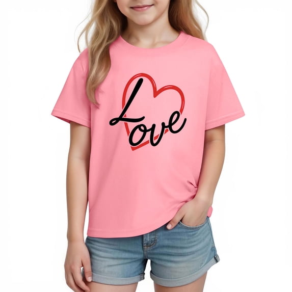 Atogsazn Children's Girls Summer Tshirt Kids Casual Hearts Short Sleeve Pullover T-shirt Outfit Classic Basic Tops 06-Pink 4-5 Years Fashion