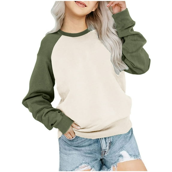 Atogsazn Children's Girls Sweatshirts Casual Loose Colorblock Shirts Kids Long Sleeve Tops Clothes 01-Army Green 5-6 Years