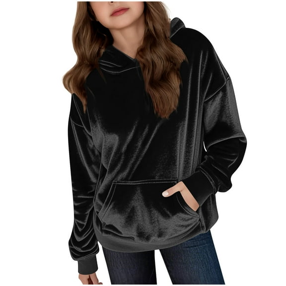 Atogsazn Children's Girls Velvet Hoodies Kids Oversized Pullover Long Sleeve Sweatshirt Loose Fall Clothes Tops Black 10-11 Years Fashion