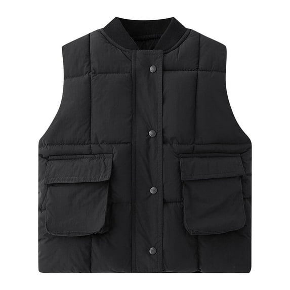 Atogsazn Children's Puffer Tank Tops Kids Button Sleeveless Jacket Winter Thick Clothes with Pockets 03-Black 5-6 Years