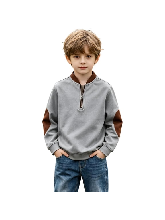Childrens Boys Fleece Sweashirt Kids Quarter Zip Long Sleeve Pullover Sweater Fall Winter Tops Outerwear Gray 6-7 Years Fashion