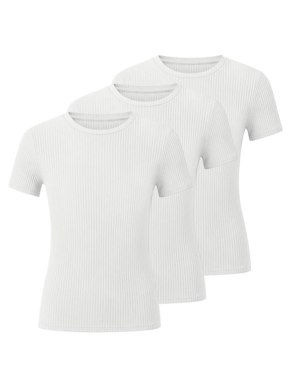Childrens Girls 3 Pack Knitted Tshirt Kids Casual Basic Tees Crewneck Short Sleeve Shirts Summer Trendy White 9-10 Years Fashion