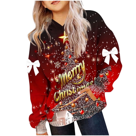 Atogsazn Childrens Girls Christmas Hoodies Casual Graphic Loose Fit Pullover Sweatshirt Fall Winter Fleece Tops with Pocket Wine 12-13 Years Fashion
