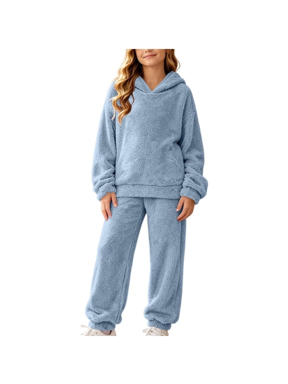 Childrens Girls Fuzzy 2 Piece Clothes Set Kids Sherpa Long Sleeve Hoodies & Jogger Pants Outfit Light Blue 7-8 year Fashion