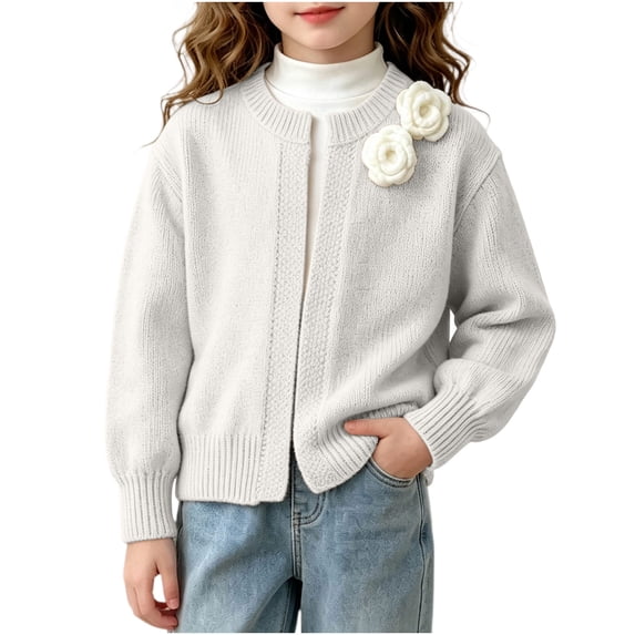 Atogsazn Childrens Girls Knitted Cardigan Sweater Kids Casual Long Sleeve Loose Tops Fall Winter Tops CLothes White 8-10 Years Fashion