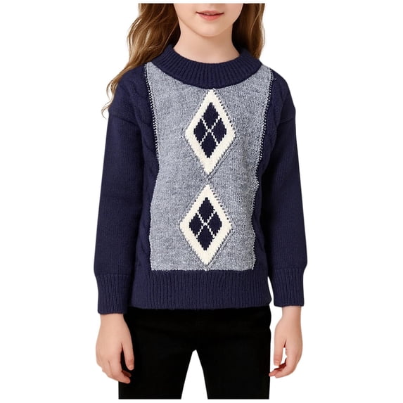 Atogsazn Childrens Girls Knitted Sweater Kids Fleece Casual Long Sleeve Pullover Sweaters Winter Warm Tops Clothes 03-Navy 5-6 Years Fashion