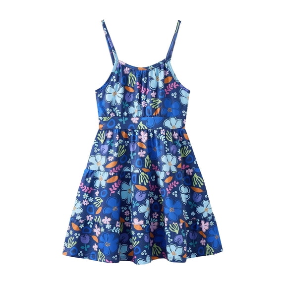 Atogsazn Childrens Girls Summer Dress Casual Flowy Floral Print Spaghetti Strap Sleeveless Tiered Sundress A-Line Dresses Dark Blue 11-12 Years Fashion