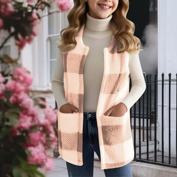 Atogsazn Childrens Sherpa Plaid Jacket Girls Fleece Sleeveless Tank Tops Thick Warm Coat Winter Vest Clothing Tops 01-Beige 15-16 Years Fashion
