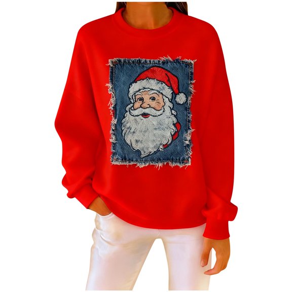 Atogsazn Christmas Sweatshirt for Womens Retro Santa Claus Graphic Pullover Shirt Loose Fit Fall Tops Clothes 01-Red S Fashion