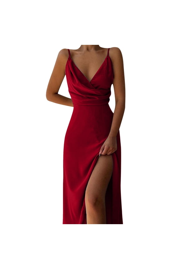 Cocktail Dresses for Women Sleeveless Solid V-Neck Party Dresses Wedding Guest Dresses for Women Wine L