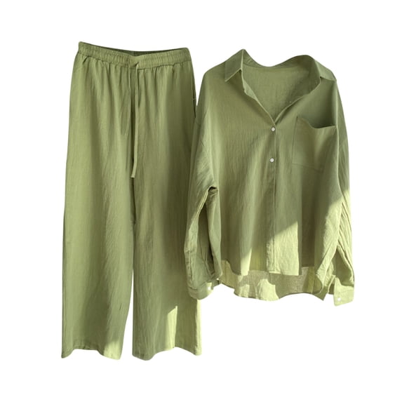 Atogsazn Cotton Linen 2 Pieces Outfits for Women Long Sleeve Button-down Lapel Shirts Wide Leg Pants Sets Loungewear Tracksuit Green L