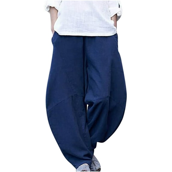 Atogsazn Cotton Linen Baggy Pants with Pockets for Women Elastic Waist Relax Lantern Trouser 2025 Casual Solid Color Pants Navy XXL