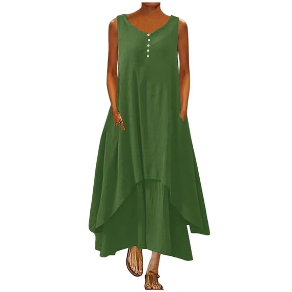 Atogsazn Cotton Linen Maxi Dresses for Women Plus Size Tank Dress Loose Sleeveless Long Dress with Pockets Green XXXL