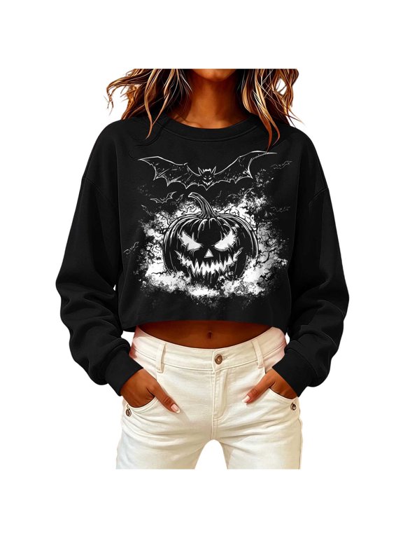 Cropped Sweatshirt for Women Casual Halloween Long Sleeve Pullover Sweater Fall Winter Tops Outerwear White S Fashion