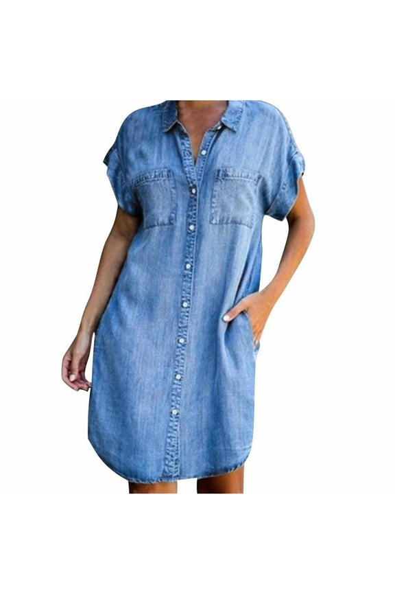 Denim Shirt Dress for Women 2024 Short Sleeve Button Down Shirt Dresses Loose Cozy Dress with Pockets Blue XL