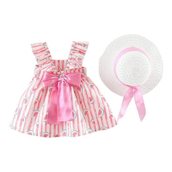 Atogsazn Dresses for Girls Toddler Baby Girl Summer Bow Decoration Flower Print Suspender Dress With Hat 12-18 Months Hot Pink