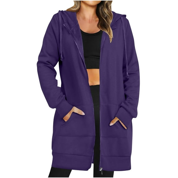 Atogsazn Fall Oversized Long Sleeve Pullover Hooded Sweatshirts for Women Solid Loose TopsWomens Zip Up Hoodies B-Purple XL on Clearance
