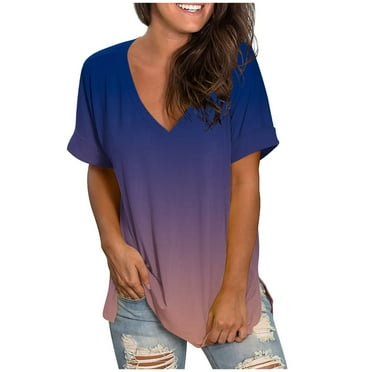 Atogsazn Fashion Dressy V-Neck T-Shirts for Women Casual Gradient Short Sleeve Loose T-Shirt Summer Tops for Women 2024 Dark Blue L on Clearance