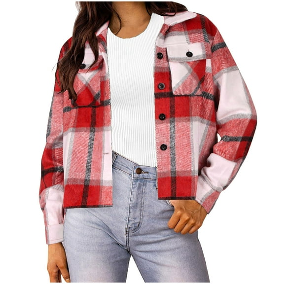 Atogsazn Flannel Plaid Jacket for Women Casual Long Sleeve Cropped Shacket Jackets Button Down Top Fall Coat Red M Fashion