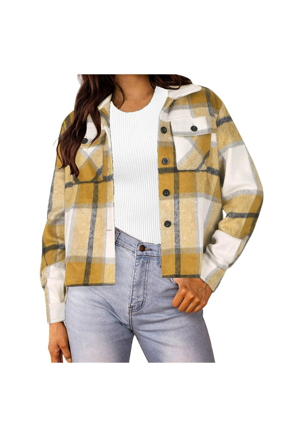 Flannel Plaid Jacket for Women Casual Long Sleeve Cropped Shacket Jackets Button Down Top Fall Coat Yellow XXL Fashion