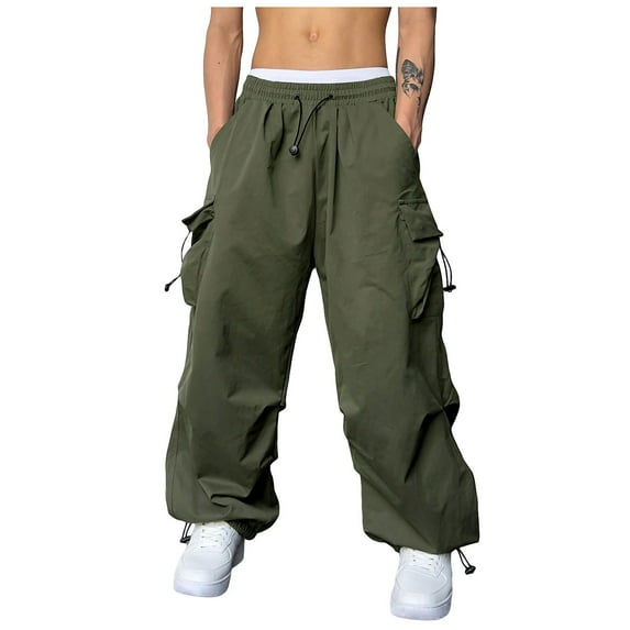 Atogsazn Flat Pocket Parachute Pants for Men Causal Baggy Cargo Pants Unisex Street Pants Drawstring Trouser Army Green XXXL