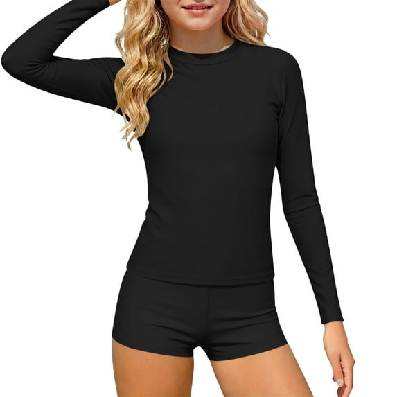 Atogsazn Girl's 2 Piece Rash Guard Sets Beach Long Sleeve Shirt Shorts Bathing Suit Outfit Swimsuit Black 13-14Years Fashion