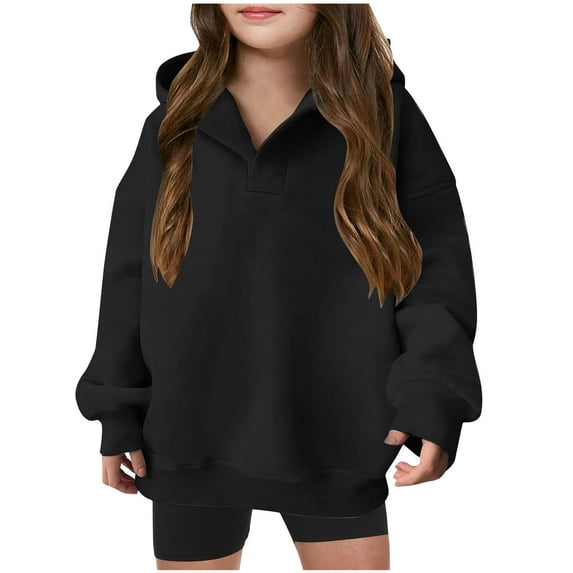 Atogsazn Girl's Loose Hoodies Children's Casual Oversized Long Sleeve Hooded Sweatshirts Kids Solid Color Clothes Black 11-12 Years