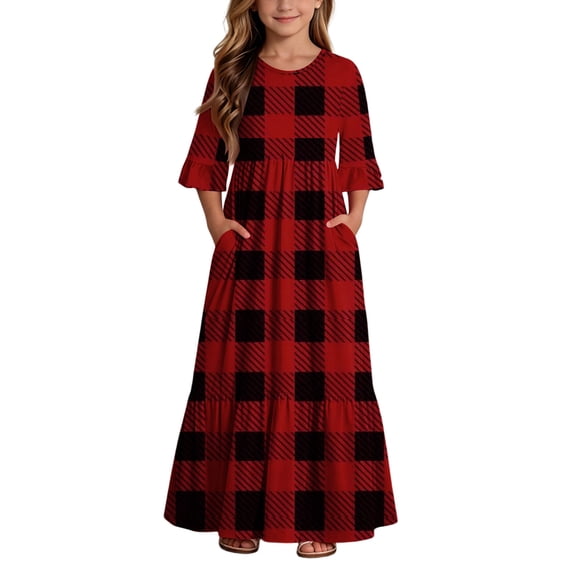 Atogsazn Girl's Summer Plaid Maxi Dress Kids Casual Flowy Ruffle Short Sleeve Dresses Tiered Sundress Wine 13-14 Years Fashion