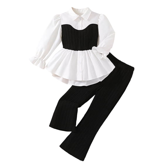 Atogsazn Girls 2 Piece Clothes Set Kids Casual Patchwork Long Sleeve Shirt Dress & Pants Outfit Tops Outwear Black 9-10 Years Fashion