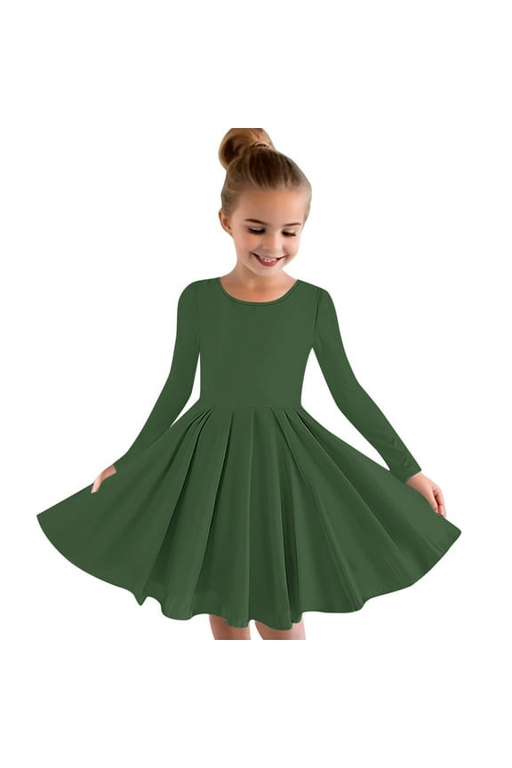 Girls Casual Dress Kids Fall Crewneck Long Sleeve A-Lined Dresses Flowy Sundress Clothes Fashion A-Army Green 11-12 Years