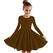 Atogsazn Girls Casual Dress Kids Fall Crewneck Long Sleeve A-Lined Dresses Flowy Sundress Clothes Fashion A-Brown 13-14 Years on Clearance