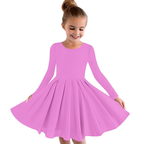 Atogsazn Girls Casual Dress Kids Fall Crewneck Long Sleeve A-Lined Dresses Flowy Sundress Clothes Fashion A-Pink 5-6 Years