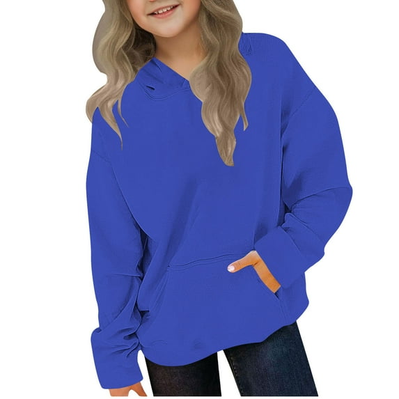 Atogsazn Girls Fleece Oversized Hoodies Kids Pullover Long Sleeve Sweatshirt Basic Classic Tops Fall Clothes with Pocket Blue 4-5 Years Fashion