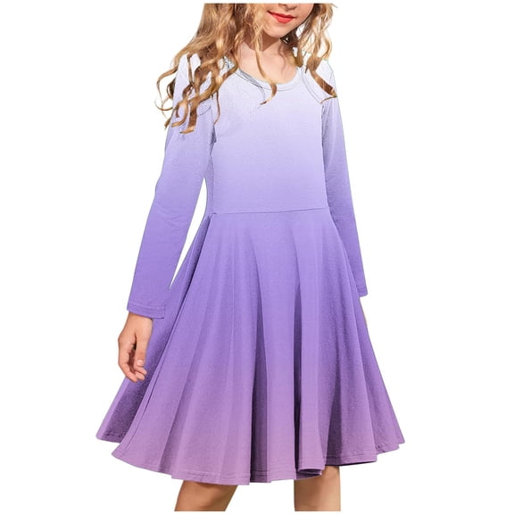 Atogsazn Girls Gradient Long Sleeve Stretchy Dress Kids Ruffle A Line Birthsday Dresses Fashion Princess Clothes 02-Purple 13-14 Years