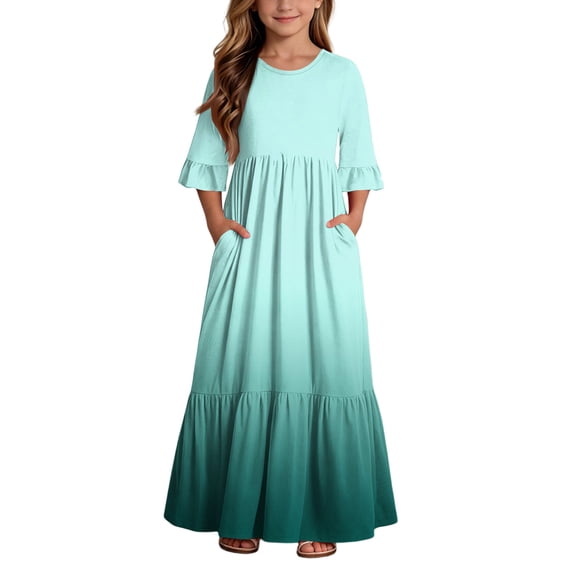 Atogsazn Girls Gradient Maxi Dress Kids Casual Short Sleeve Tiered Dresses Summer Flowy A-Line Sundress Mint Green 5-6 Years Fashion