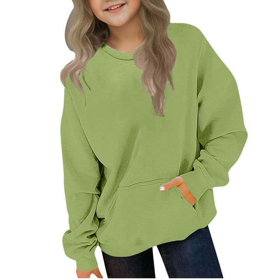Atogsazn Girls Oversized Sweatshirt Kids Casual Fleece Pullover Long Sleeve Sweater Fall Clothing Crew Neck Tops Green 7-8 Years Fashion