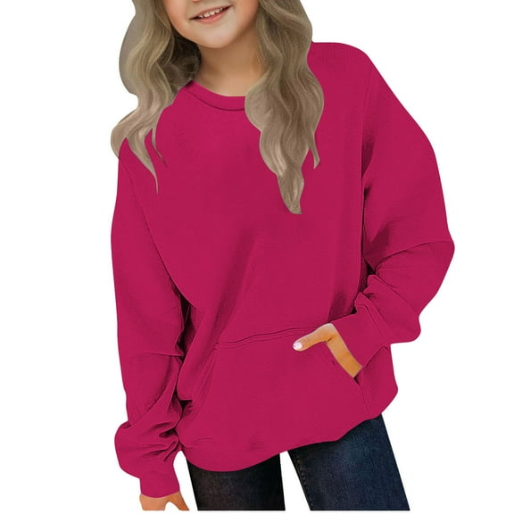 Atogsazn Girls Oversized Sweatshirt Kids Casual Fleece Pullover Long Sleeve Sweater Fall Clothing Crew Neck Tops Hot Pink 7-8 Years Fashion