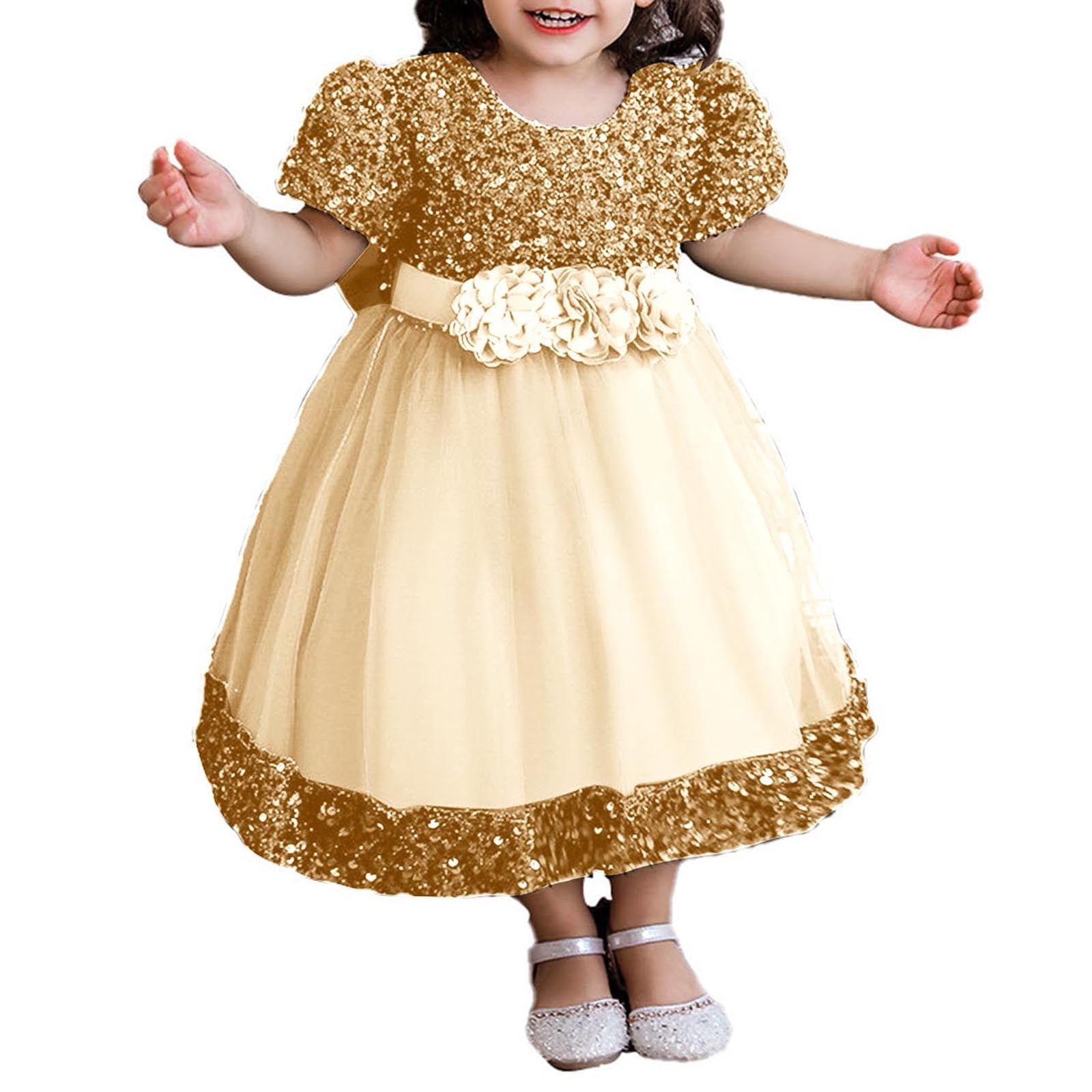 Atogsazn Girls Princess Dress Birthday Wedding Crewneck Sleeveless Tulle Dresses Fashion Clothes Gown B-Gold 12-18 Months, Infant Unisex