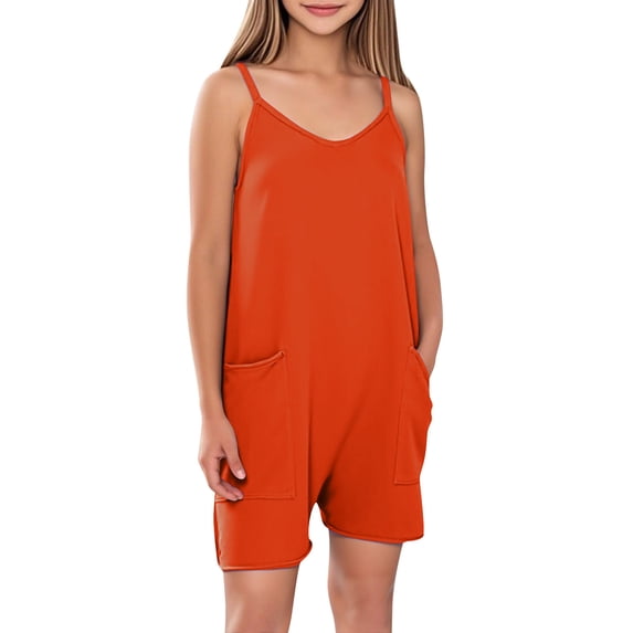 Atogsazn Girls Rompers Summer Casual Loose Sleeveless Overalls Spaghetti Strap Shorts Jumpsuit 2025 Beach Vacation Outfits Orange 9-10 Years