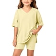thumbnail image 1 of Atogsazn Girls Summer 2 Piece Sport Clothes Set Kids V Neck Short Sleeve T-shirt & Biker Shorts Outfit Gym Tops Yellow 12-13 Years Fashion, 1 of 7