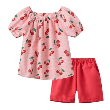 Atogsazn Girls Summer Clothes 2 Piece Set Kids Short Sleeve Cute Print Top and Elastic Waist Solid Color Shorts Set Pink 2-3 Years on Clearance