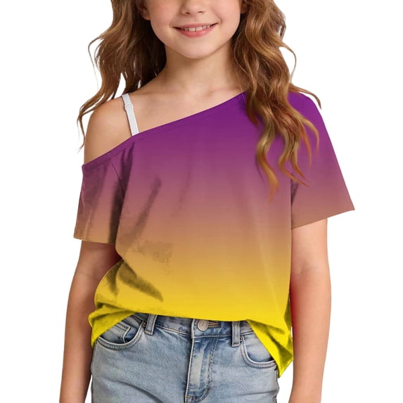 Atogsazn Girls Summer Gradient Short Sleeve Tshirt Kids Casual One Shoulder T-shirt with Strap Tunic Tee Yellow 9-10 Years Fashion