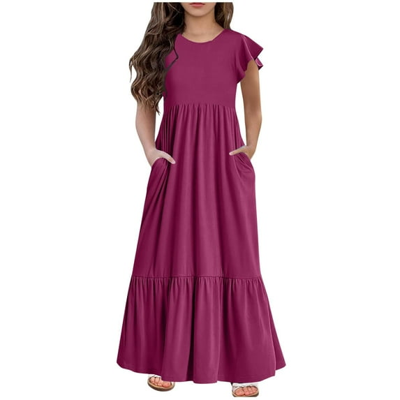 Atogsazn Girls Summer Maxi Dress Children's Ruffle Short Sleeve Crew Neck Dress Kids Loose Casual Flowy Tiered Dress 03-Wine 10-11 Years
