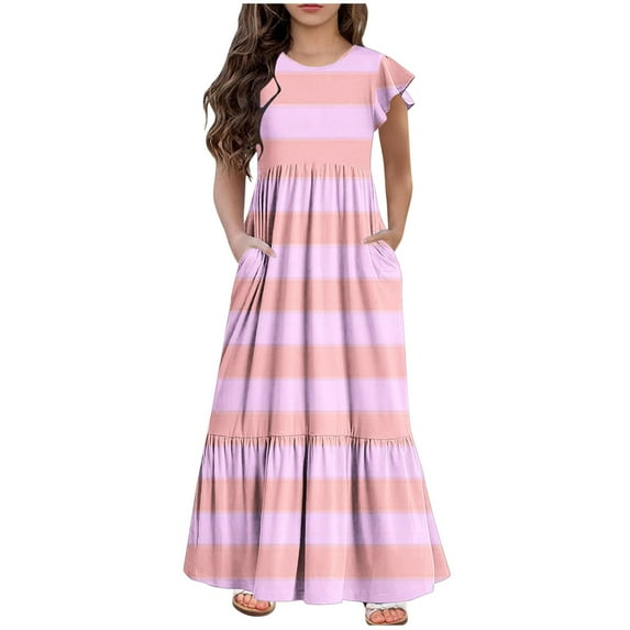 Atogsazn Girls Summer Maxi Dress Children's Ruffle Short Sleeve Crew Neck Dress Kids Loose Casual Flowy Tiered Dress 04-Pink 6-7 Years